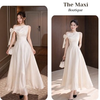 Đầm trễ vai phối nơ vải tơ nhẹ nhàng nữ tính