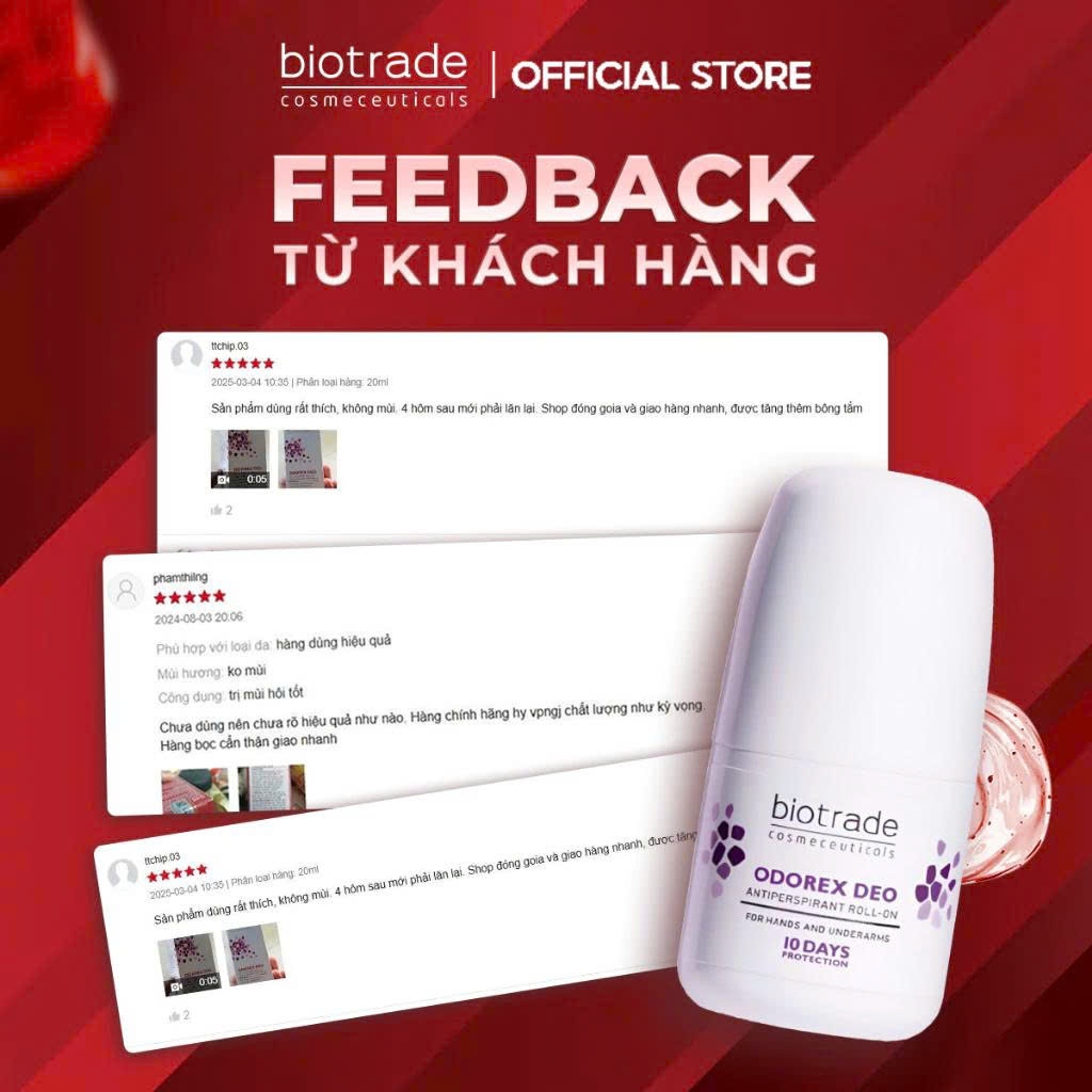 Lăn Khử Mùi Biotrade Odorex Deo Antiperspirant Roll On lòng bàn tay và nách 40ml, sạch thoáng, giảm thâm, không vàng áo