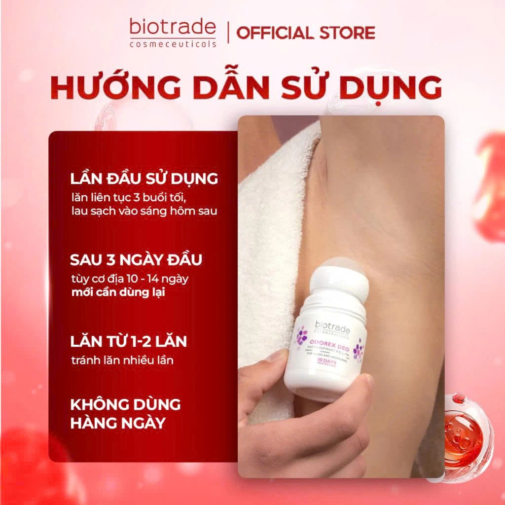 Lăn Khử Mùi Biotrade Odorex Deo Antiperspirant Roll On lòng bàn tay và nách 40ml, sạch thoáng, giảm thâm, không vàng áo