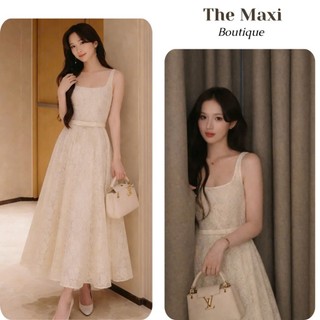 Váy ren thiết kế 2 cổ vuông phối nơ xinh dự tiệc nhẹ nhàng cao cấp
