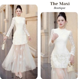Váy dự tiệc thiết kế dáng chất hoa thêu bo chun sang chảnh