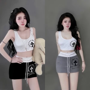 Sét áo 2 dây bản to croptop trắng + cv viền bản lưng trắng chất thun Borip có lót