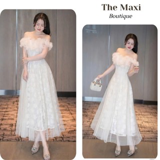 Đầm tiểu thư thiết kế bẹt vai đính hoa tùng xoè chất thêu cao cấp