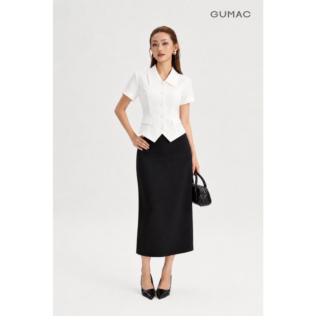 Set lẻ Áo Kiểu Nữ GUMAC Ôm Nhẹ Cổ Nằm Tay Ngắn Thanh Lịch LAG07073 - Chân Váy Nữ GUMAC Xẻ Sau Tinh Tế LVG07074