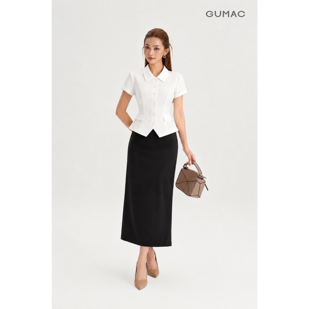 Set lẻ Áo Kiểu Nữ GUMAC Ôm Nhẹ Cổ Nằm Tay Ngắn Thanh Lịch LAG07073 - Chân Váy Nữ GUMAC Xẻ Sau Tinh Tế LVG07074