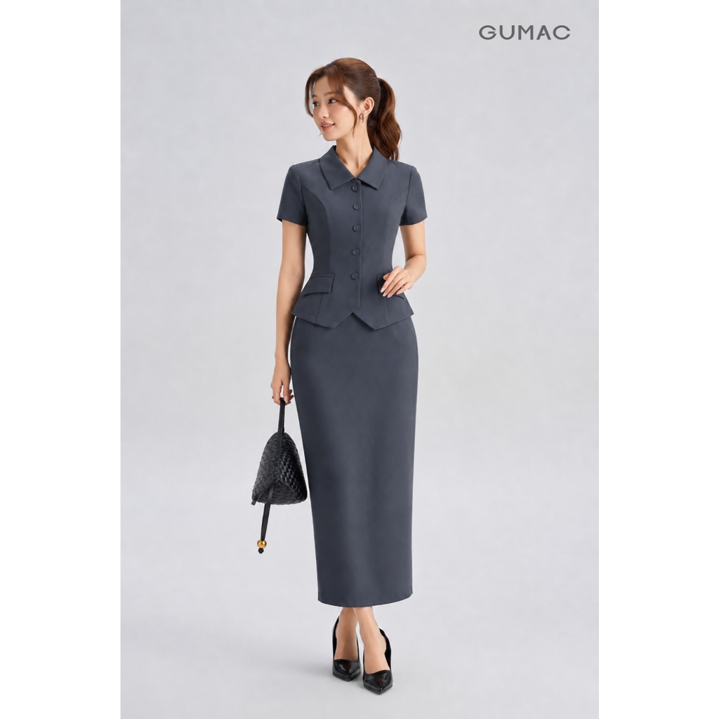 Set lẻ Áo Kiểu Nữ GUMAC Ôm Nhẹ Cổ Nằm Tay Ngắn Thanh Lịch LAG07073 - Chân Váy Nữ GUMAC Xẻ Sau Tinh Tế LVG07074