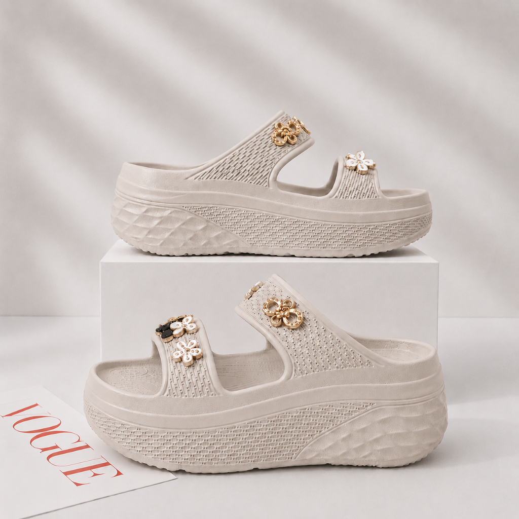 Dép Nữ 2 Quai Đế Xuồng 6cm Đi Biển Chống Nước Chống Trượt, Dép Sandal Bánh Mì Tặng Kèm Charm Đá