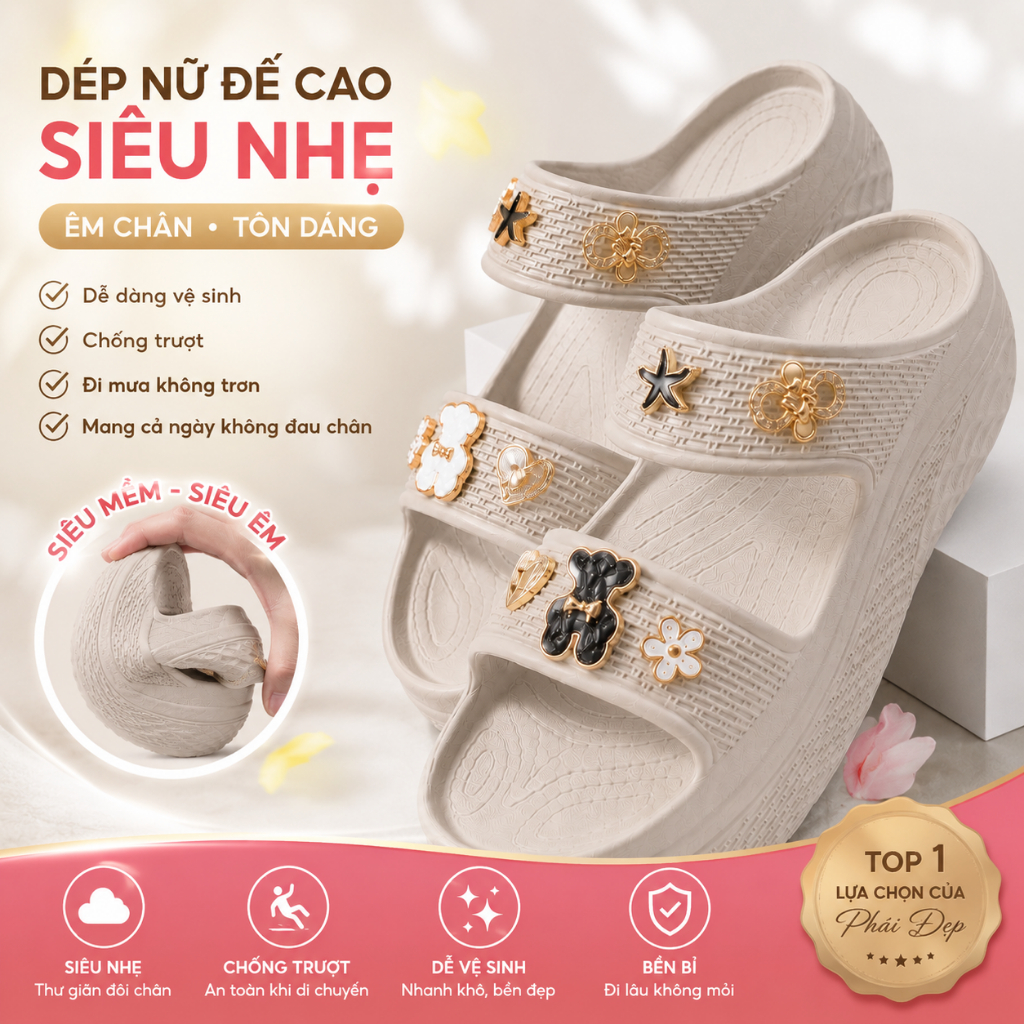 Dép Nữ 2 Quai Đế Xuồng 6cm Đi Biển Chống Nước Chống Trượt, Dép Sandal Bánh Mì Tặng Kèm Charm Đá