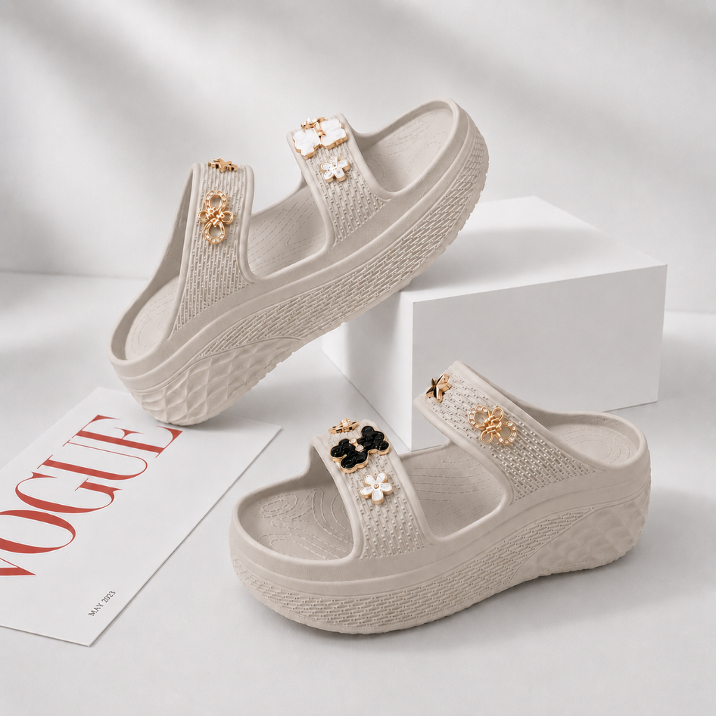 Dép Nữ 2 Quai Đế Xuồng 6cm Đi Biển Chống Nước Chống Trượt, Dép Sandal Bánh Mì Tặng Kèm Charm Đá