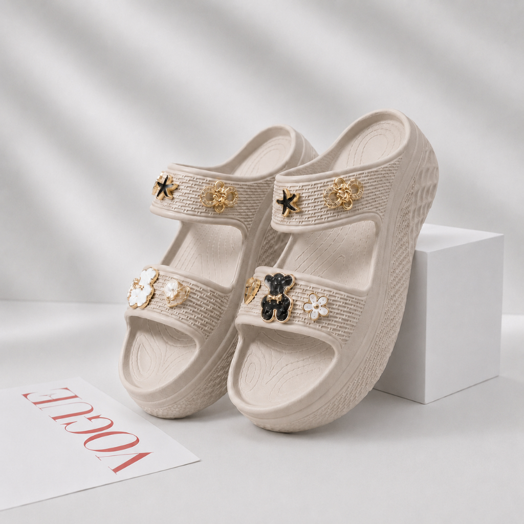 Dép Nữ 2 Quai Đế Xuồng 6cm Đi Biển Chống Nước Chống Trượt, Dép Sandal Bánh Mì Tặng Kèm Charm Đá