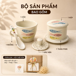 Bộ phin cà phê vẽ tay thủ công kèm muỗng gốm sứ Bát Tràng, quà tặng ý nghĩa - Gốm Việt Pottery