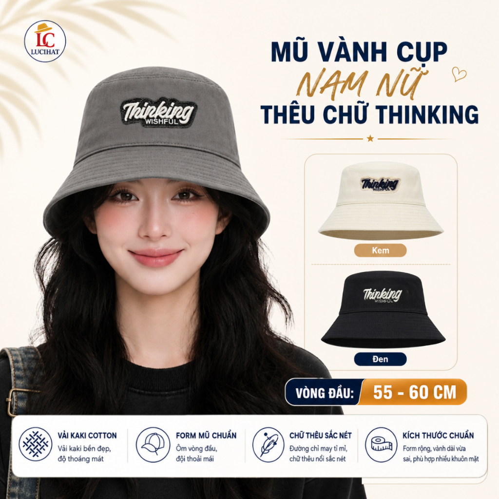 Mũ Bucket Vành Cụp, Nó Tai Bèo Vành Rộng Thêu Chữ Thinking Chất Kaki Cao Cấp Form Unisex  Thời Trang Nam Nữ