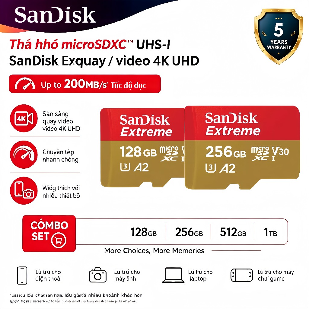 SanDisk Thẻ nhớ microSDXC UHS-I Extreme Pro | 128GB/256GB/512GB/1TB | Bảo hành 5 năm