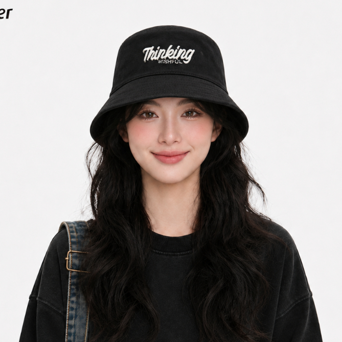 Mũ Bucket Vành Cụp, Nó Tai Bèo Vành Rộng Thêu Chữ Thinking Chất Kaki Cao Cấp Form Unisex  Thời Trang Nam Nữ