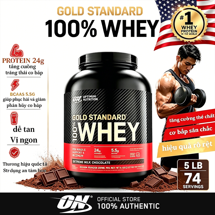 ON Tin 100% Whey Protein 5 lb, thành phần chính 100% Whey Protein, hương vị socola đậm đặc