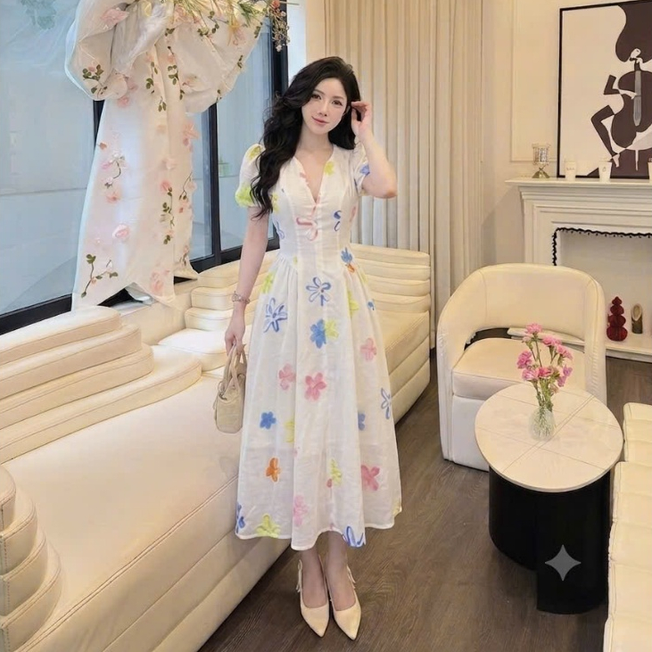 Đầm Maxi Hoa Thêu Nổi Dài Maxi MNL-HF02 - Váy Xòe Cổ V Thanh Lịch, Tôn Dáng.phù hợp Đi Chơi , Du Lịch , Dự Tiệc