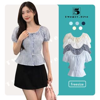 Áo kiểu ngắn tay Twentyfive phối cổ chun buộc nơ tay bồng nữ tính 7274