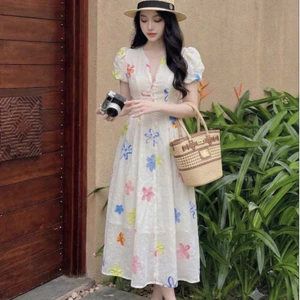 Đầm Maxi Hoa Thêu Nổi Dài Maxi MNL-HF02 - Váy Xòe Cổ V Thanh Lịch, Tôn Dáng.phù hợp Đi Chơi , Du Lịch , Dự Tiệc
