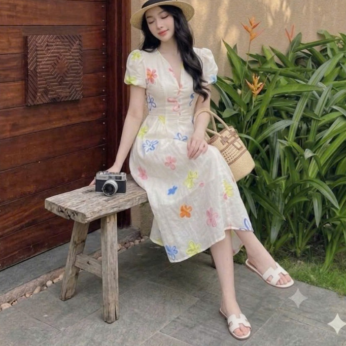Đầm Maxi Hoa Thêu Nổi Dài Maxi MNL-HF02 - Váy Xòe Cổ V Thanh Lịch, Tôn Dáng.phù hợp Đi Chơi , Du Lịch , Dự Tiệc