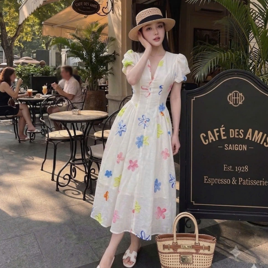 Đầm Maxi Hoa Thêu Nổi Dài Maxi MNL-HF02 - Váy Xòe Cổ V Thanh Lịch, Tôn Dáng.phù hợp Đi Chơi , Du Lịch , Dự Tiệc
