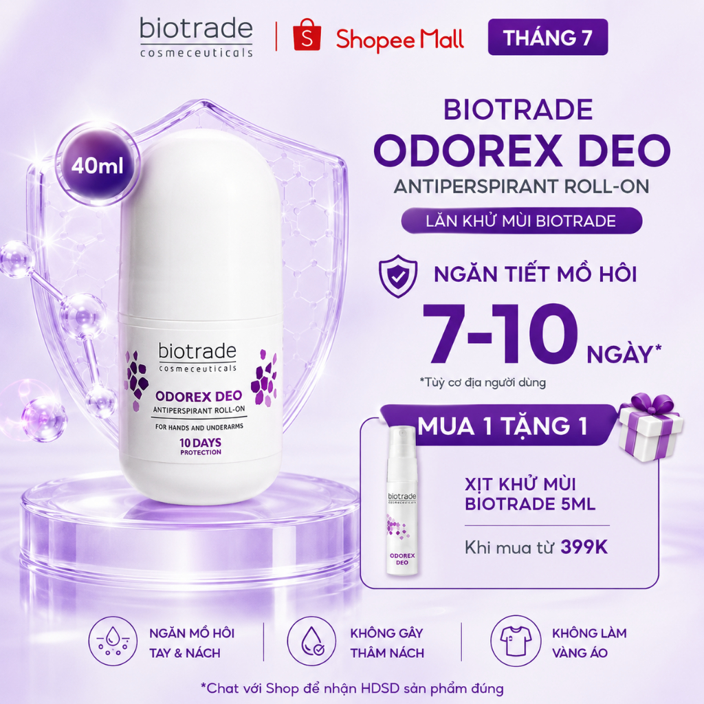 Lăn Khử Mùi Biotrade Odorex Deo Antiperspirant Roll On lòng bàn tay và nách 40ml, sạch thoáng, giảm thâm, không vàng áo