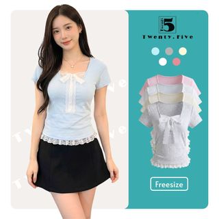 Áo kiểu ngắn tay Twentyfive phối nơ ren, hình thêu, dáng ôm 7317