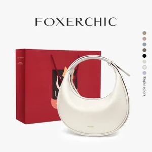 FOXERCHIC Trăng lưỡi liềm phong cách tối giản màu trắng nhạt Túi xách nữ da mềm màu trơn để mua sắm, hẹn hò và đi lại