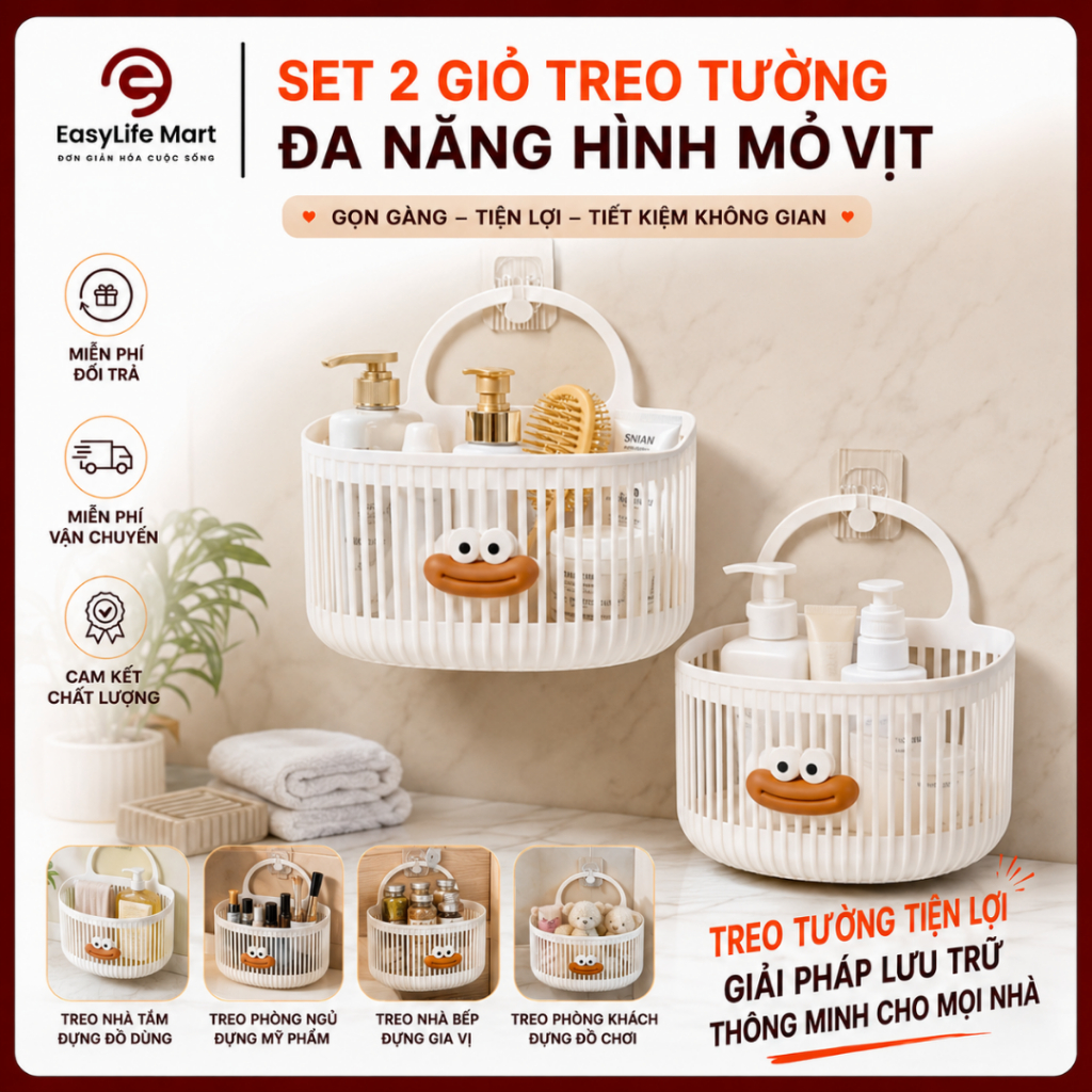 Set 2 rổ treo tường đa năng thiết kế thông minh thoát nước, chống ẩm, treo tường tiện lợi