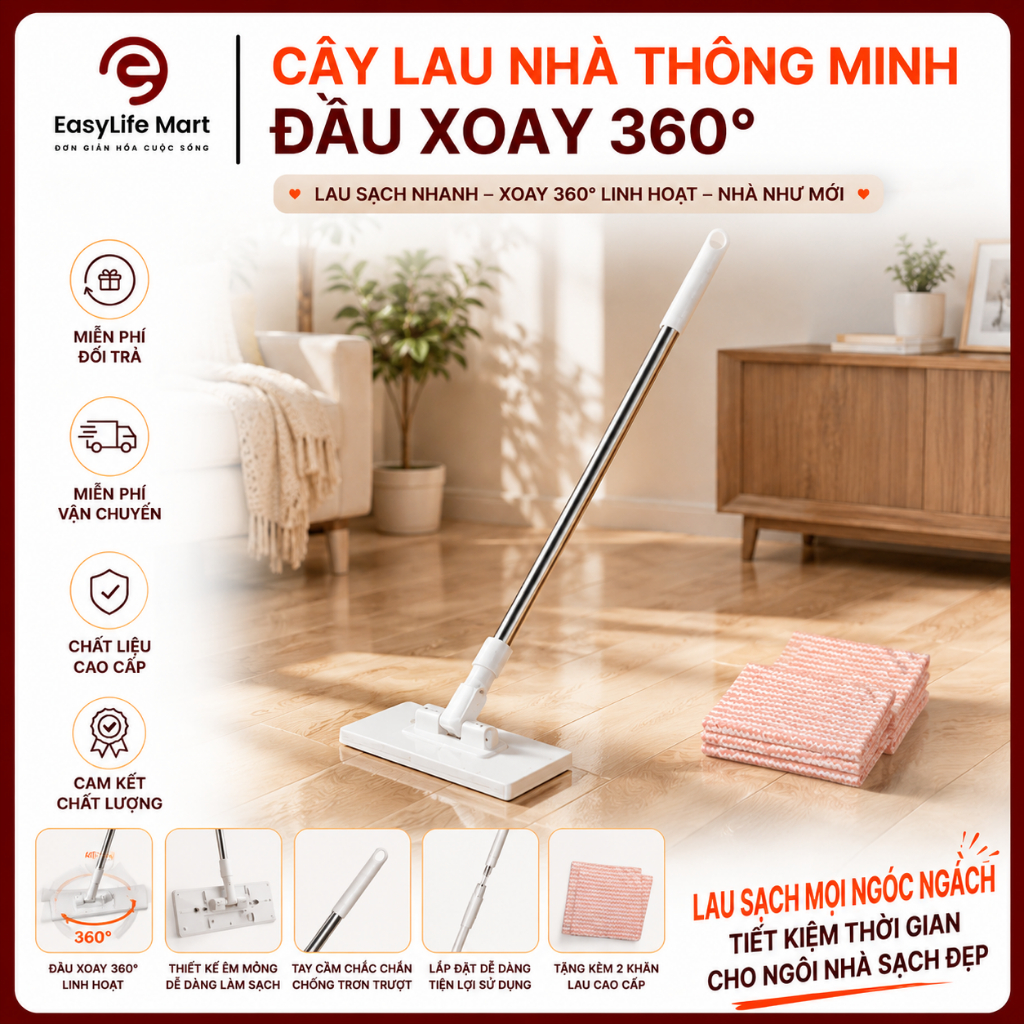 Cây Lau Nhà Kẹp Khăn Với Đầu Xoay 360°  Tiện Lợi Lau Sạch Mọi Ngóc Ngách, Tặng Kèm 2 Khăn