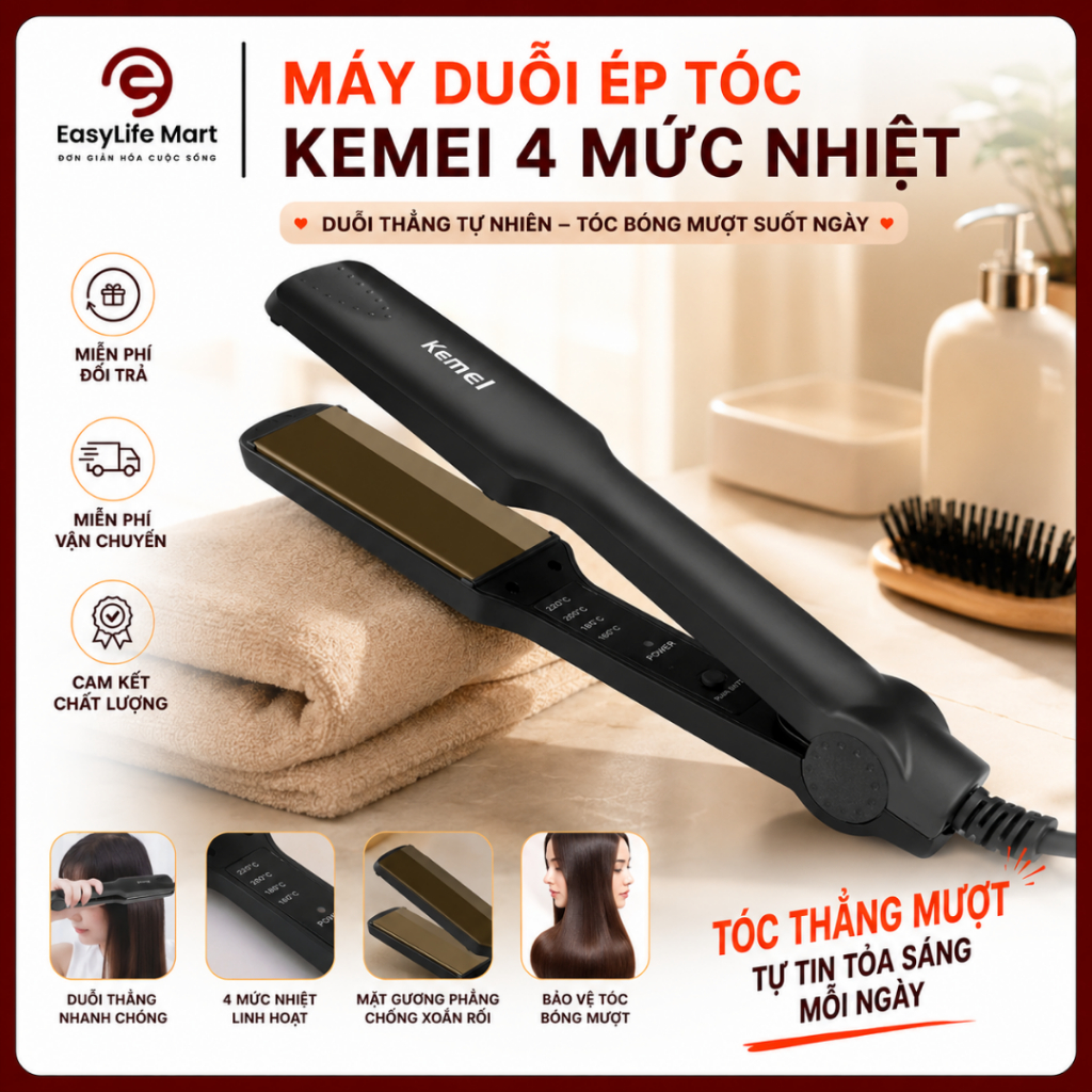 Máy duỗi, ép tóc Kemei 4 mức nhiệt làm nóng nhanh, duỗi thẳng mượt tự nhiên mà không làm hư tổn tóc