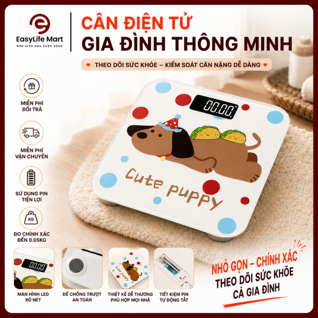 Cân Điện Tử Mini Siêu Nhỏ Gọn Họa Tiết Dễ Thương - Cân Sức Khỏe Mặt Kính Cường Lực, Màn Hình LCD, Đo Chính Xác