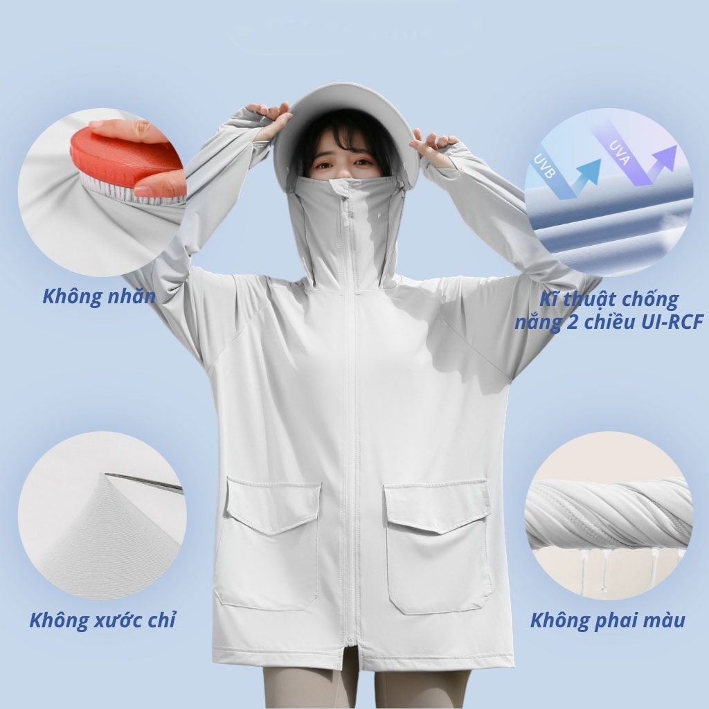 Áo chống nắng nữ dáng rộng Bing Chilling UPF50+vải lụa băng cao cấp mát lạnh thoáng khí thiết kế tối ưu vành mũ tháo rời | BigBuy360 - bigbuy360.vn