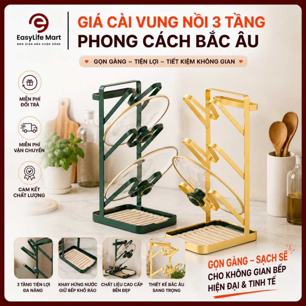 Giá Để Vung Nồi 3 Tầng Đa Năng Thiết Kế Bắc Âu, Khung Thép Cao Cấp Chống Gỉ