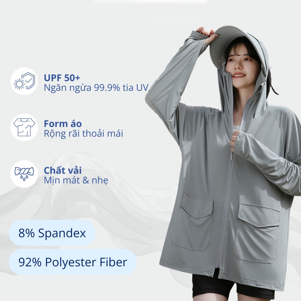 Áo chống nắng nữ dáng rộng Bing Chilling UPF50+vải lụa băng cao cấp mát lạnh thoáng khí thiết kế tối ưu vành mũ tháo rời | BigBuy360 - bigbuy360.vn