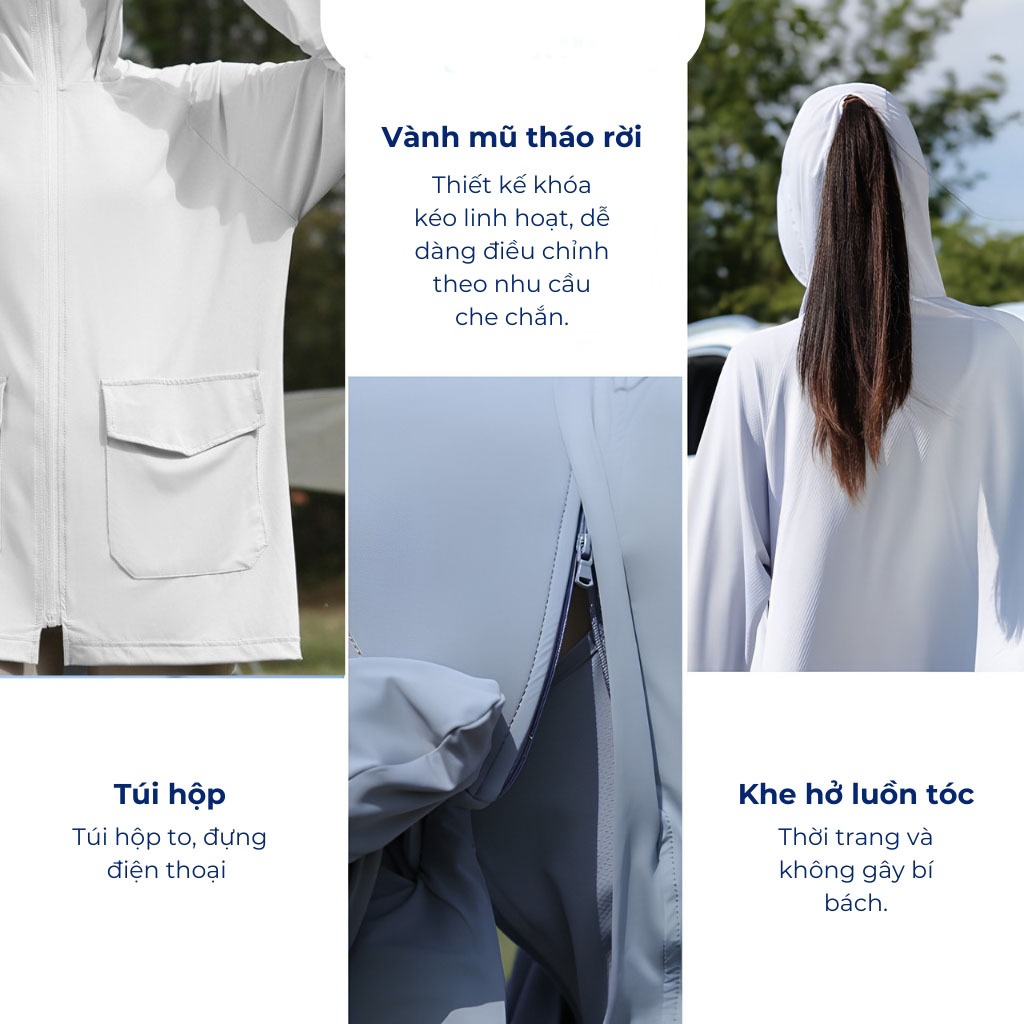 Áo chống nắng nữ dáng rộng Bing Chilling UPF50+vải lụa băng cao cấp mát lạnh thoáng khí thiết kế tối ưu vành mũ tháo rời | BigBuy360 - bigbuy360.vn