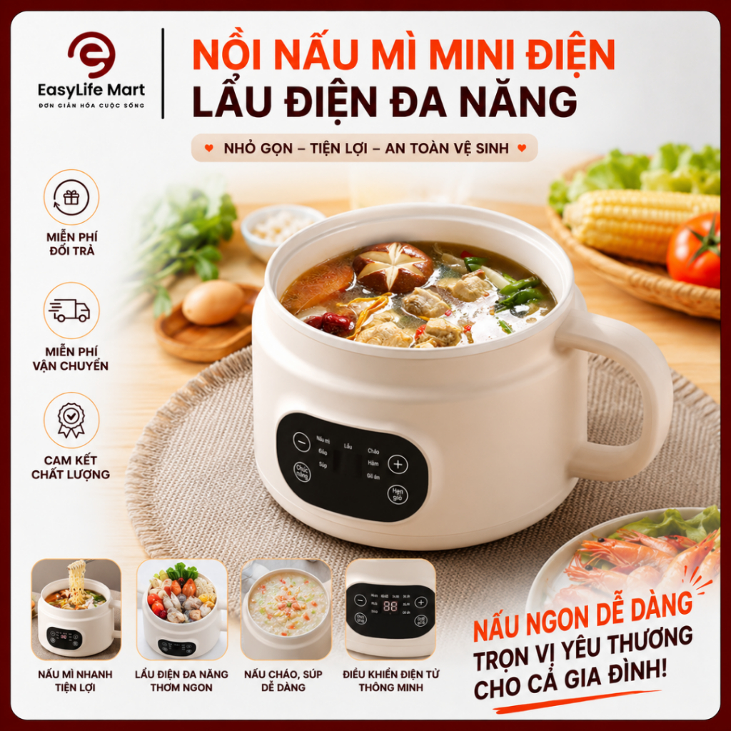 Nồi Điện Mini Chống Dính Đa Năng 3 Trong 1 - Nấu Mì, Nấu Lẩu, Hấp Thực Phẩm Cho Sinh Viên, Văn Phòng