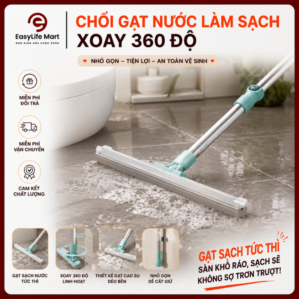 Chổi Gạt Nước Cán Dài Thông Minh Lau Sàn Nhanh, Ngăn Trơn Trượt An Toàn, Khô Ráo