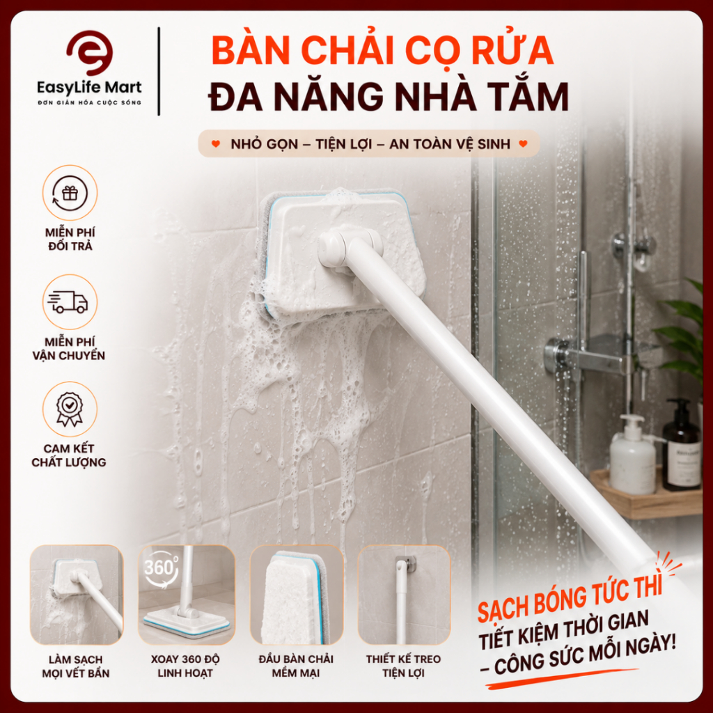 Bàn chải cọ rửa đa năng tay cầm dài lý tưởng cho bồn tắm, phòng tắm, gạch, kính và sàn nhà.