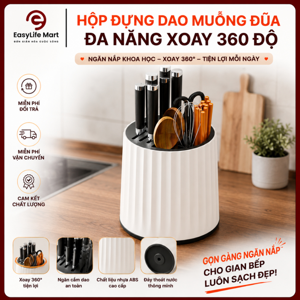Hộp Đựng Đũa Muỗng Dao Xoay 360° Đa Năng - Khay Đựng Dao Kéo, Đũa, Thìa Có Khay Thoát Nước, Gọn Gàng Cho Nhà Bếp