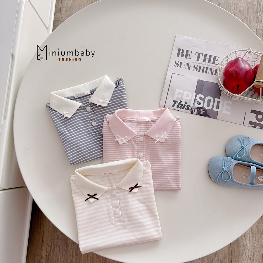Set bộ cộc tay bé gái tay bồng Miniumbaby cổ cúc đính nơ mix quần linen, chất áo cotton mềm SB2668