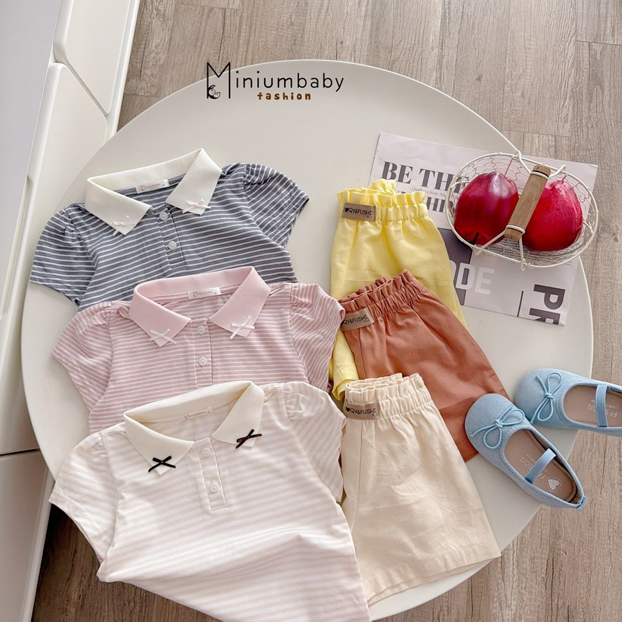 Set bộ cộc tay bé gái tay bồng Miniumbaby cổ cúc đính nơ mix quần linen, chất áo cotton mềm SB2668