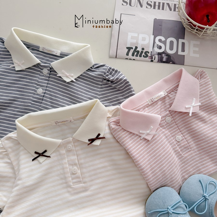 Set bộ cộc tay bé gái tay bồng Miniumbaby cổ cúc đính nơ mix quần linen, chất áo cotton mềm SB2668