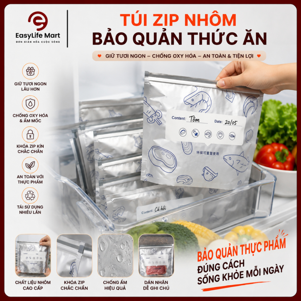 Combo 10 Túi Bảo Quản Thực Phẩm Nhôm Bạc Giữ Tươi Và Chống Ẩm Dài Ngày