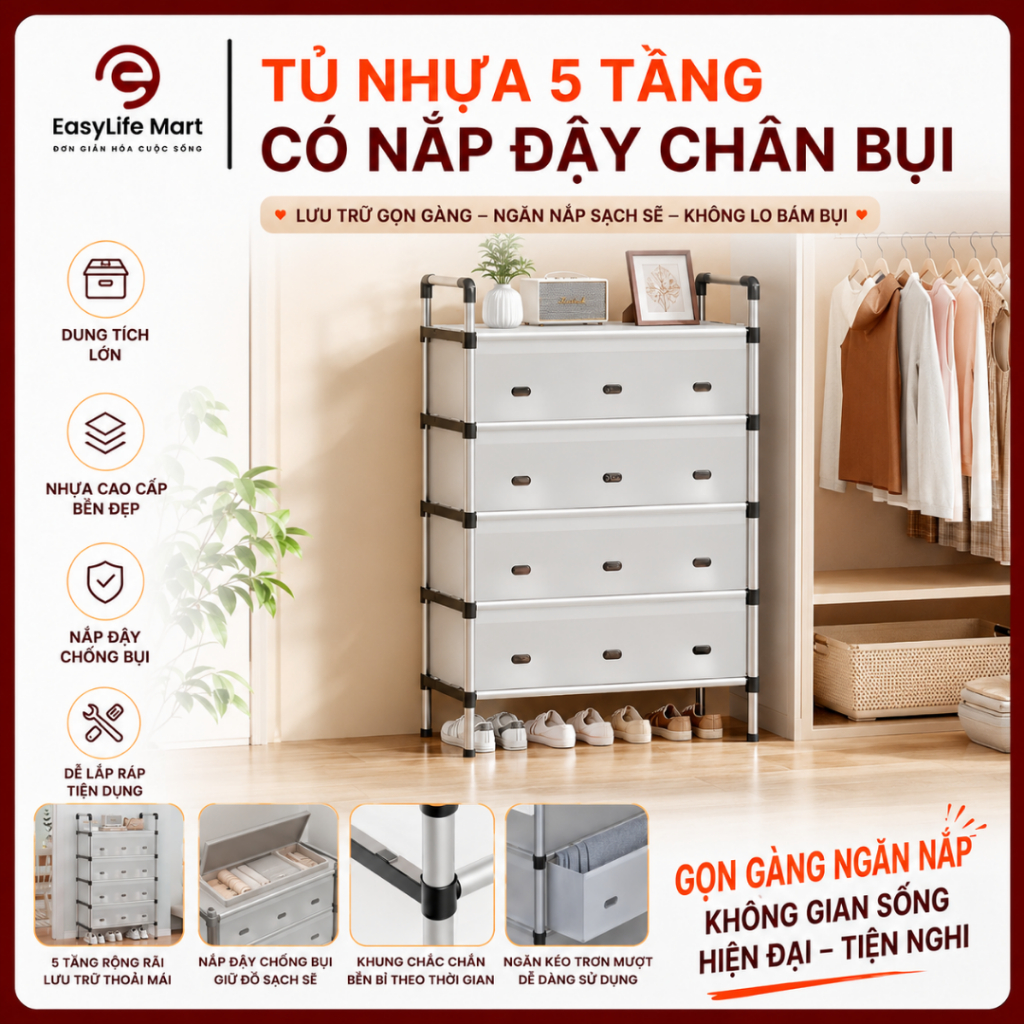 Kệ Giày Dép 5 Tầng Inox Có Nắp Đậy Chắn Bụi, Chắc Chắn, Sắp Xếp Gọn Gàng