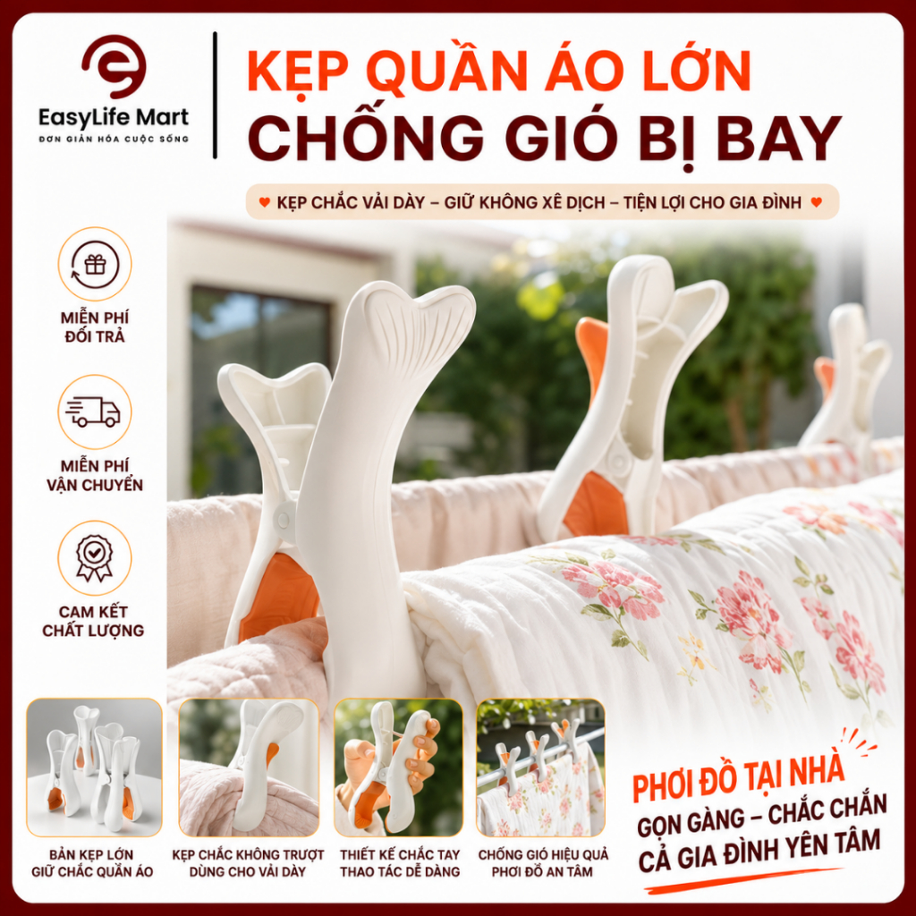 Kẹp Nhựa Hình Cá Voi Lớn Chống Gió Giữ Quần Áo Chắc Chắn, Dùng Ngoài Trời Bền Bỉ
