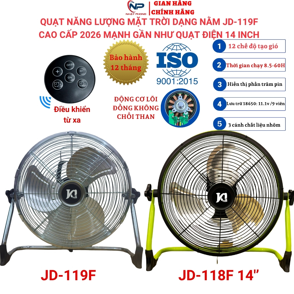 Quạt năng lượng mặt trời, quạt sạc tích điện dạng nằm chân quỳ SHOP NHẬT PHONG  có 3 cánh kim loại,12 cấp độ gió
