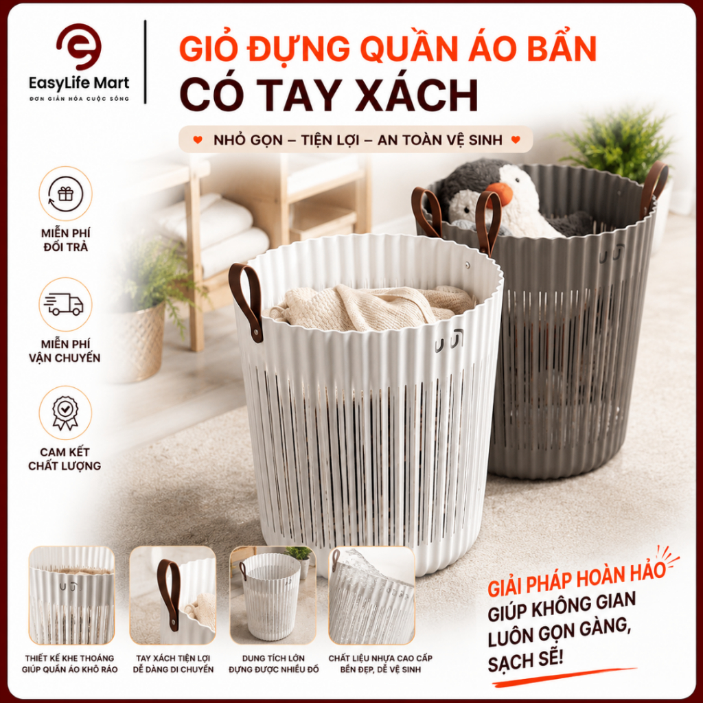 Giỏ Đựng Đồ Quần Áo Bẩn Bằng Nhựa PP Có Quai, Giữ Không Gian Gọn Gàng, Ngăn Nắp