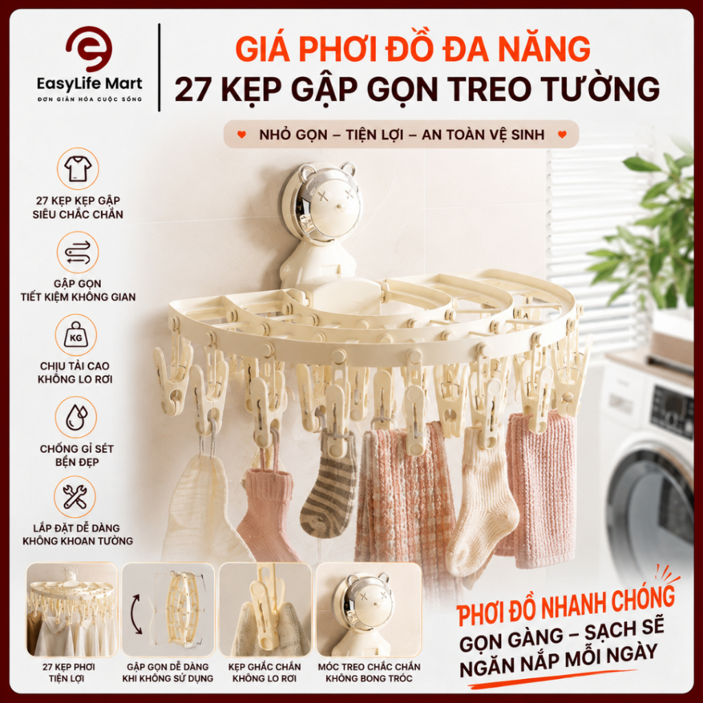 Kẹp phơi đồ hình gấu xinh xắn, hút chân không gắn tường tiện dụng và chắc chắn