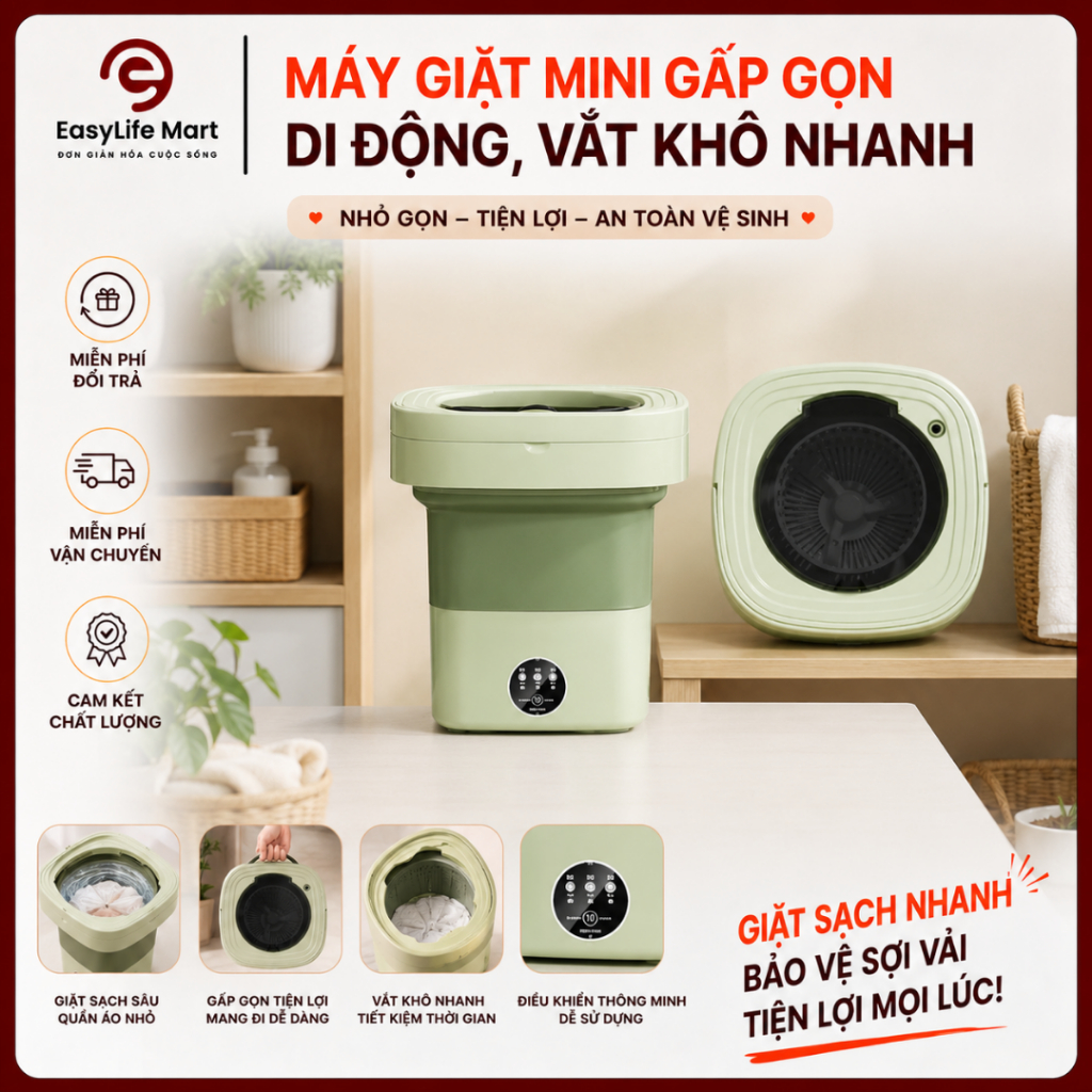 Máy Giặt Mini Di Động, Vắt Khô Nhanh, An Toàn, Khử Khuẩn Ánh Sáng Xanh.