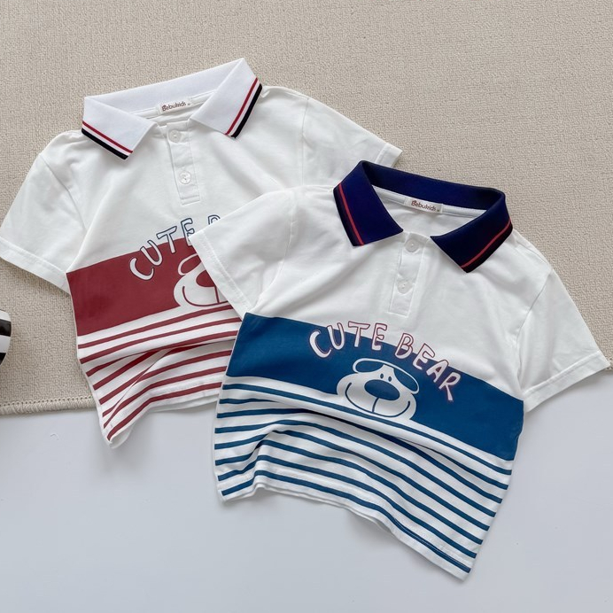 Set bộ polo cộc tay bé trai Miniumbaby hình gấu mix chữ dễ thương, chất vải áo cotton mềm mịn SB2598